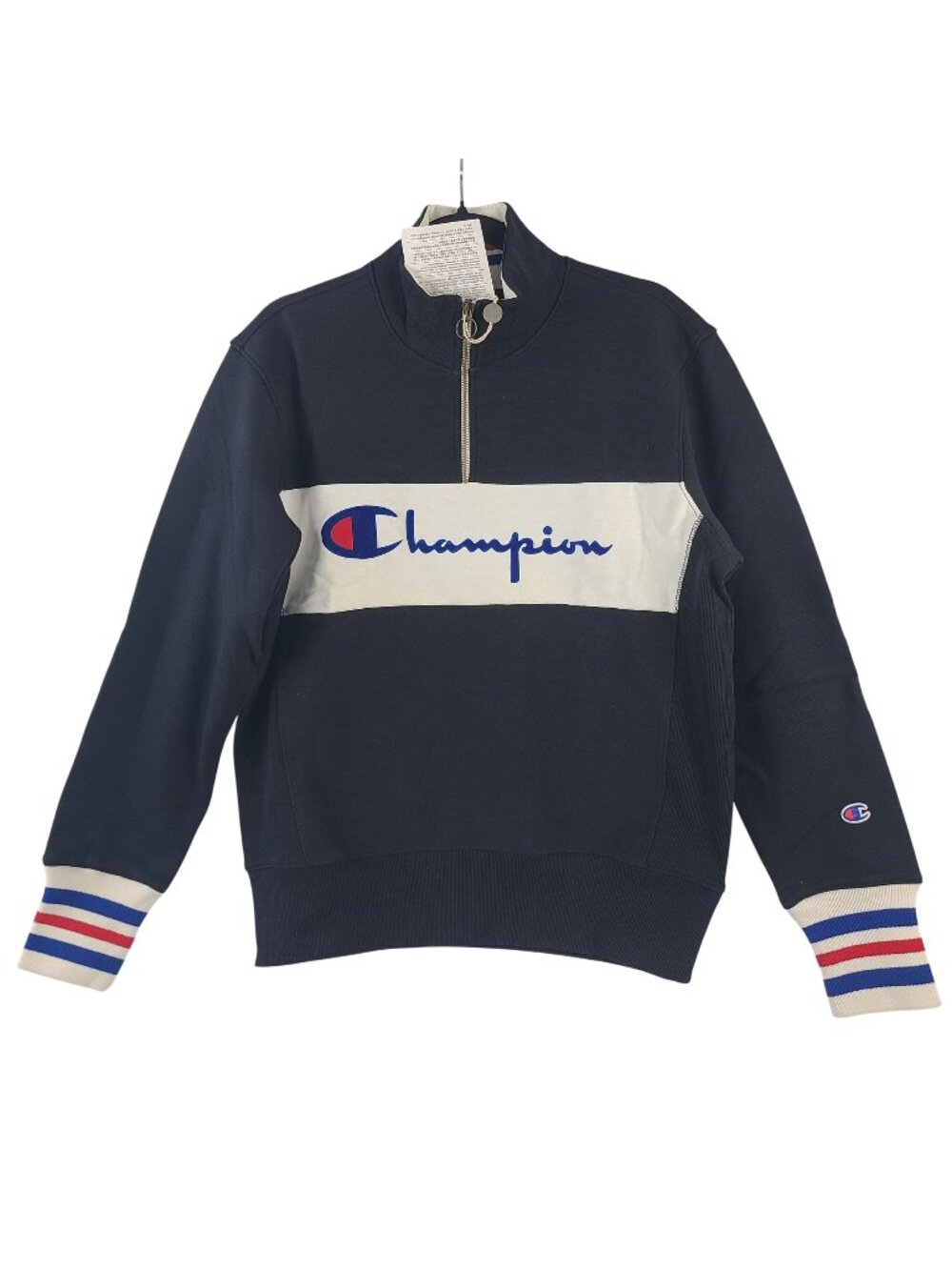 NEW Champion Reverse Weave Blue Half-Zip Pullover Sweatshirt Stripe Cuffs Sz M